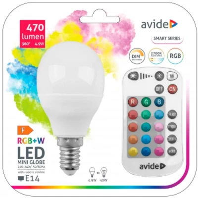 LED Multicolor bulb with remote E14, G45, 4.9W, 470lm, 3000K+RGB