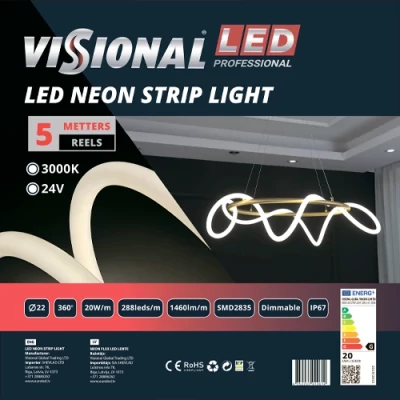 LED неоновая лента 5m, 3000K, IP67, 24V, 20W/m, NEON FLEX, Professional