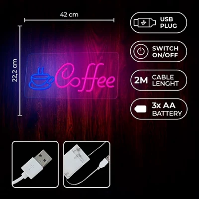 LED Neona gaismas izkārtne - COFFEE, rozā zils