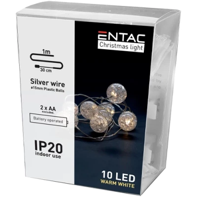 LED Ziemassvētku virtene - Bumbas, 1m, 10 LED, silti balts, IP20, uz baterijām