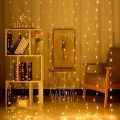 LED Ziemassvētku virtene - aizkari vara stieple ar pulti un piekarāķiem, 3x1m, silti balts, 5V USB, IP44, 100LED