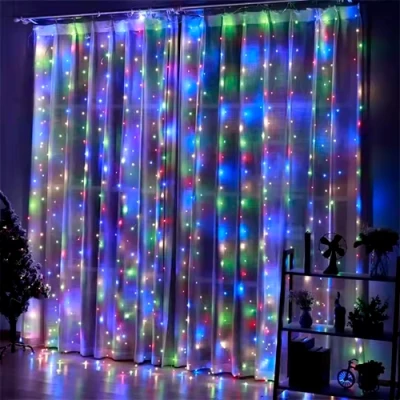 LED Ziemassvētku virtene - aizkari vara stieple ar pulti un piekarāķiem, 3x1m, daudzkrāsaina, 5V USB, IP44, 100LED