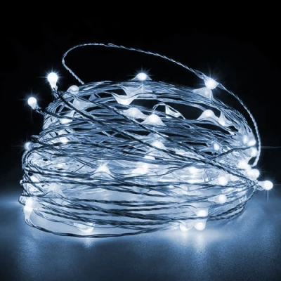 Ziemassvētku iekštelpu un ārtelpu virtene vara stieple 3xAA, 5m, balta, 50LED, IP20