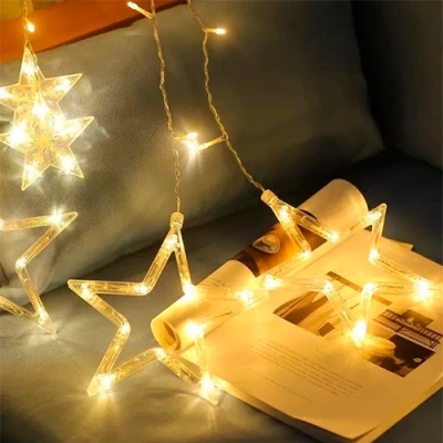 LED Ziemassvētku virtene - aizkari ar zvaigznēm, silti balta, 31V, IP44, 144LED