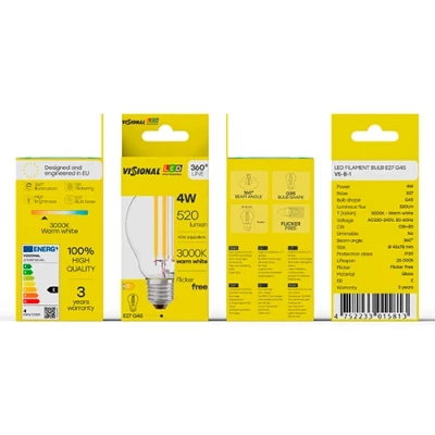 LED Filament bulb E27, G45, 4W, 520lm, 3000K, 360°