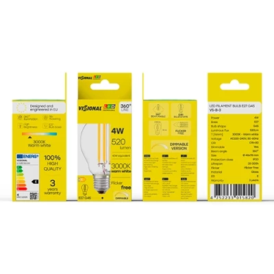 LED Dimmable filament bulb E27, G45, 4W, 520lm, 3000K, 360°