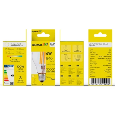 LED Filament bulb E27, A60, 6W, 840lm, 3000K, 360°