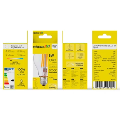 LED Dimmable filament bulb E27, A60, 8W, 1040lm, 3000K, 360°