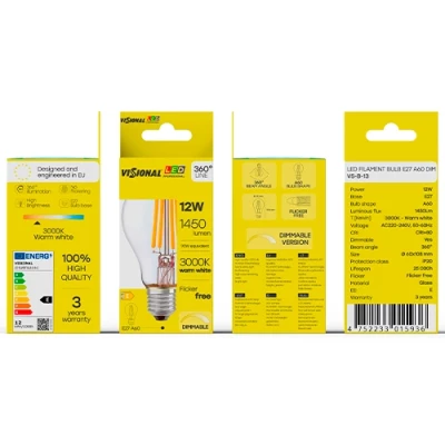 LED Dimmable filament bulb E27, A60, 12W, 1450lm, 3000K, 360°