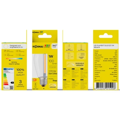 LED Dimmējama filamenta spuldze E27, S14, 1W, 100lm, 2700K, 360°