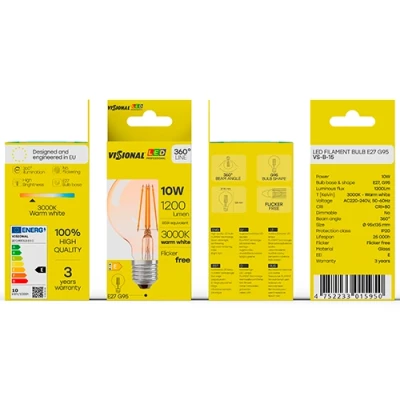 LED Filament bulb E27, G95, 10W, 1200lm, 3000K, 360°, amber