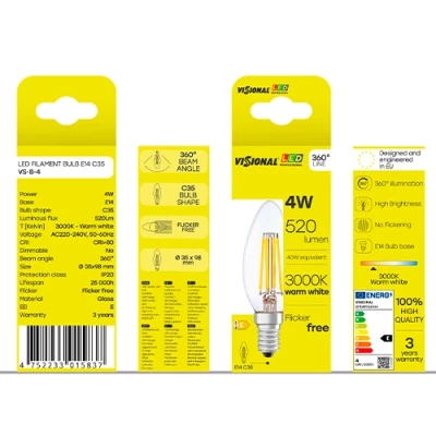 LED Filamenta spuldze E14, C35, 4W, 520lm, 3000K, 360°