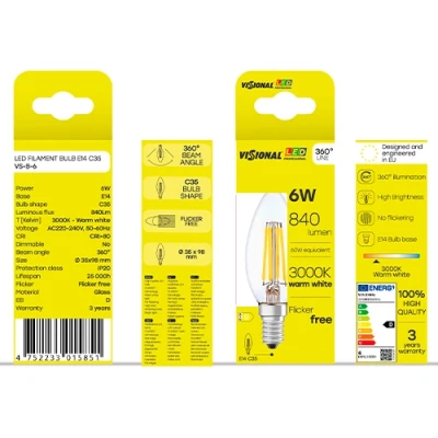 LED Filamenta spuldze E14, C35, 6W, 840lm, 3000K, 360°