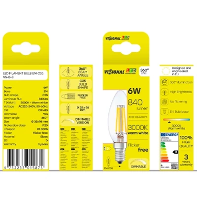 LED Dimmable filament bulb E14, C35, 6W, 840lm, 3000K, 360°
