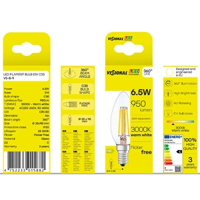 LED Filament bulb E14, C35, 6.5W, 950lm, 3000K, 360°