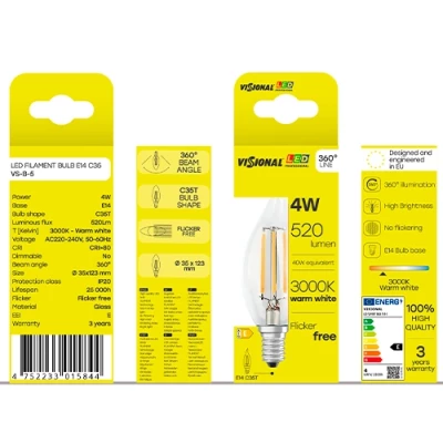 LED Filamenta spuldze E14, C35T, 4W, 520lm, 3000K, 360°