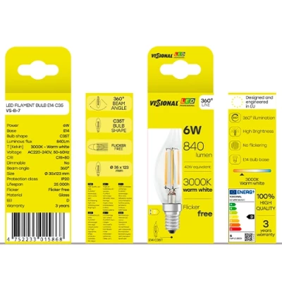 LED Filamenta spuldze E14, C35T, 6W, 840lm, 3000K, 360°