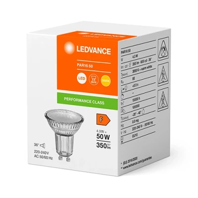 LED spuldze GU10 4,3W, 3000K, 350lm, 36°