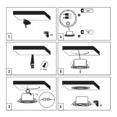 LED iebūvējams gaismeklis 3W , 5W , 7W, 3000K, 4000K, 6500K, 430 lm, 60°, balts, kvadrāta forma