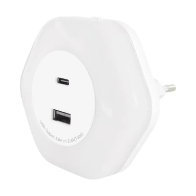 LED Naktslampiņa kontaktligzdai ar USB Type-A un Type-C ligzdām, 0.3W, 4000K, 30Lm, OZIL