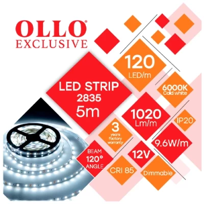 LED Lente 5m, 9.6 W/m, 6000K, IP20, 12V, SMD2835