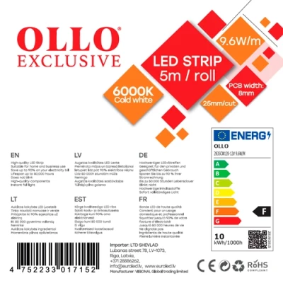 LED Lente 5m, 9.6 W/m, 6000K, IP20, 12V, SMD2835