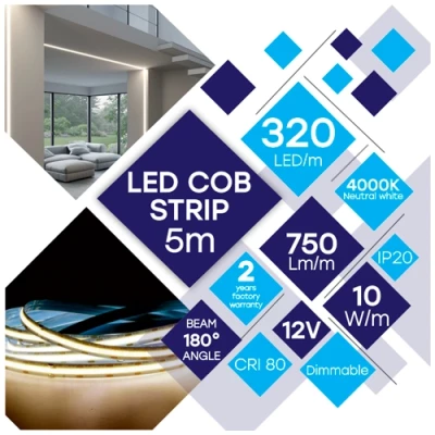COB LED lente 5m, 10W/m, 4000K, 12V, IP20