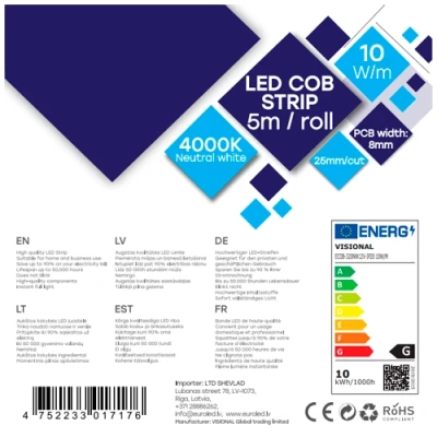 COB LED lente 5m, 10W/m, 4000K, 12V, IP20